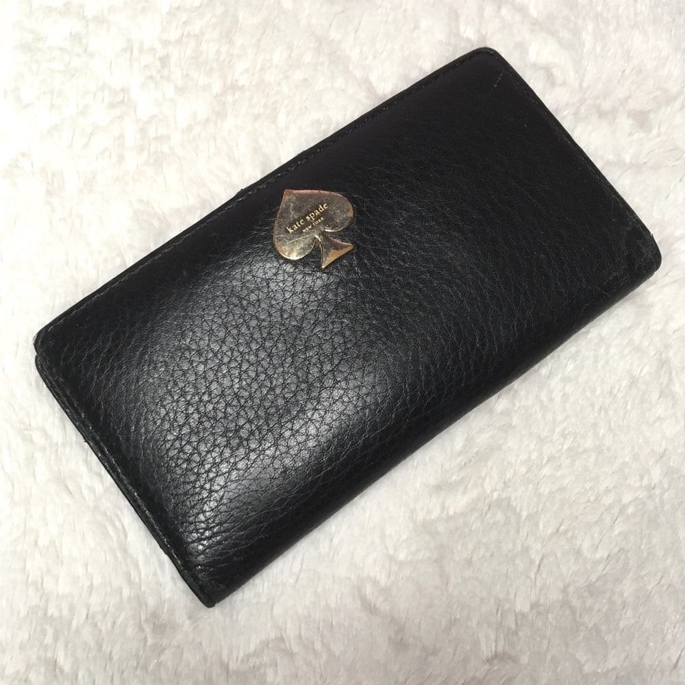 Kate Spade Black Leather Bill Fold Wallet Black White Stripe Interior - Picture 1 of 5